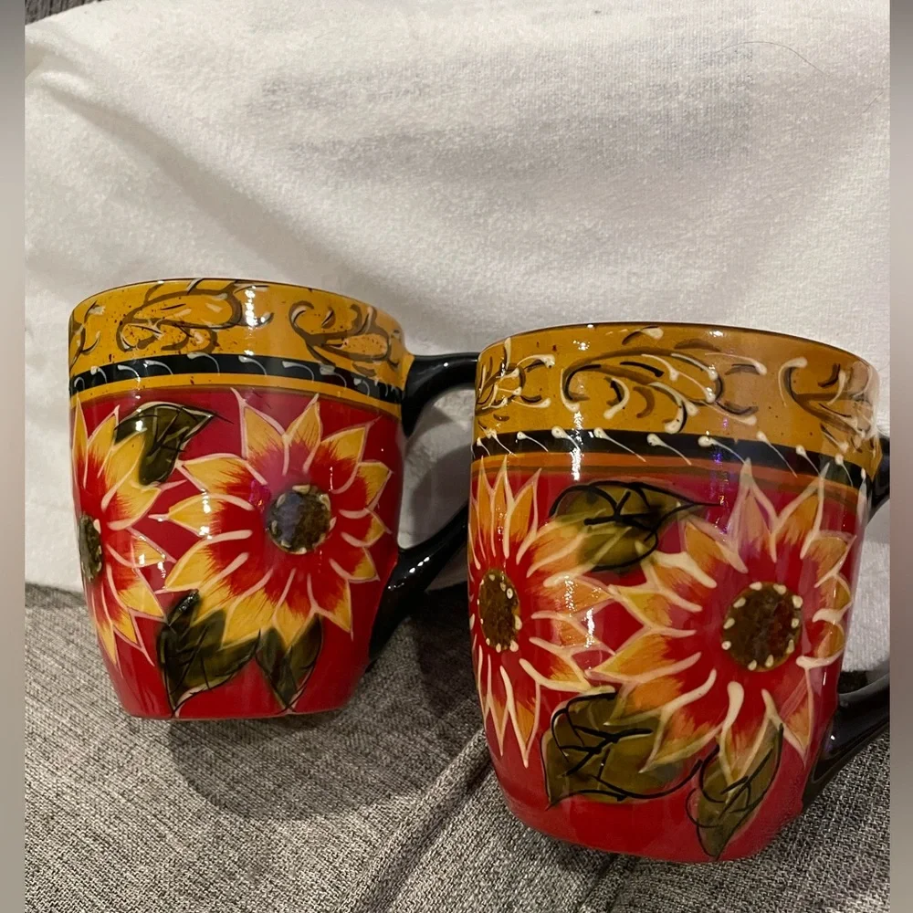 Pier 1 imports SUNFLOWER Handpainted Terracotta coffee Tea mugs Cups 10 oz